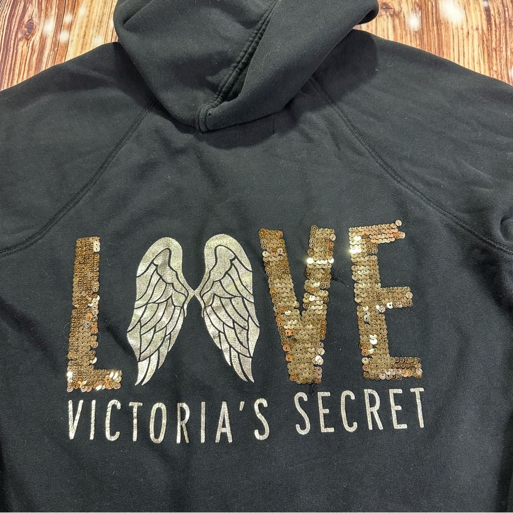 VICTORIA SECRET Angel Sequin Love Zip Up Black Hoodie Bling Size Medium - Picture 6 of 16